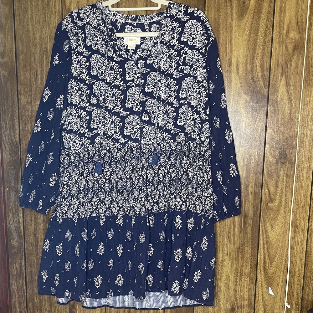 Anthropologie Navy and White Long Sleeve Dress